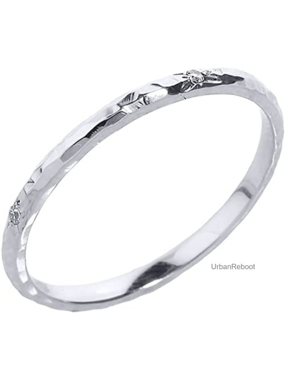 10K White Gold Diamond Accented Hammered Stackable Slender Ring, Size 4